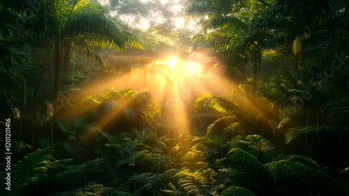 Golden sunlight streaming through dense jungle greenery, seamless looping 4k time-lapse animation video background