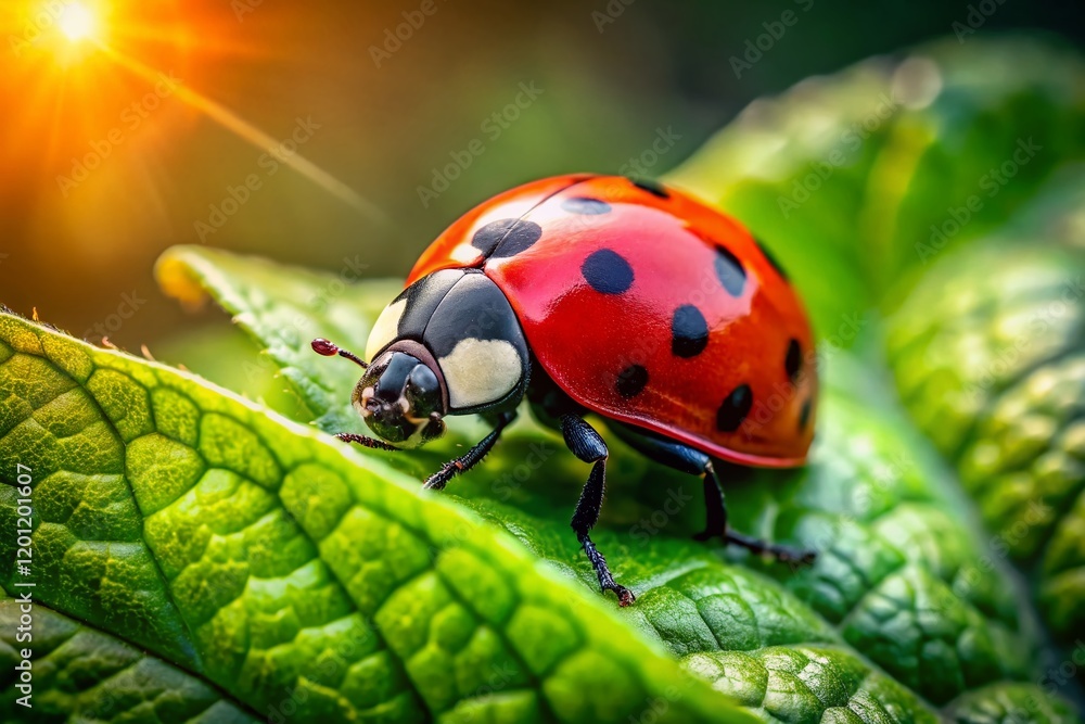 Fototapeta premium Ladybug on Leaf: Nature's Harmony in Vibrant Garden Photography