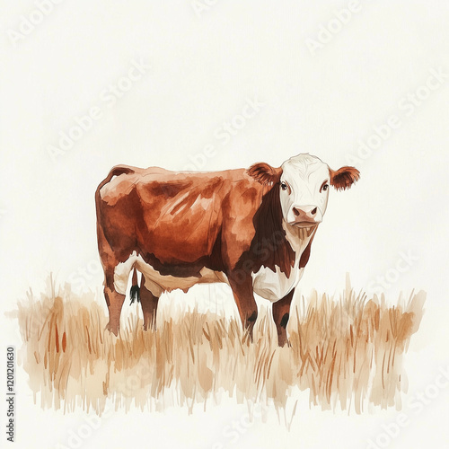 Illustration of the Hereford Cattle, soft watercolor tones, white background, detailed illustration, cartoonish.