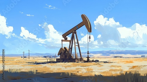 A close-up of an oil pump jack working in an open field, with clear skies and the oil reservoir in the background