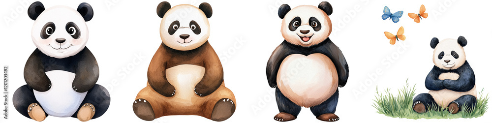 Fototapeta premium Thai cartoon kids and funny concept, A series of cartoon pandas displaying different expressions and poses, showcasing their playful and adorable nature.