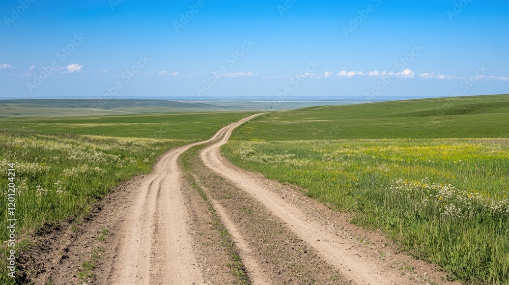 A pipeline running through a field, stretching to the horizon with a clear blue sky overhead A pipeline running through a field, stretching to the horizon with a clear blue sky overhead