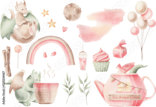 Watercolor set with vector cute dragon and tea kettle and sweets.