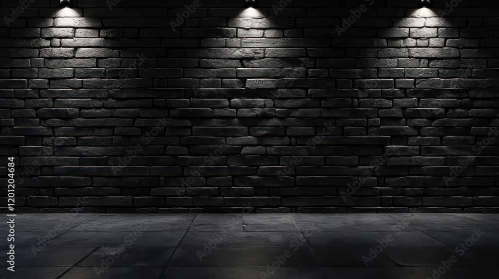 Dark brick wall background with spotlights and floor. Dark brick wall background with spotlights and floor.