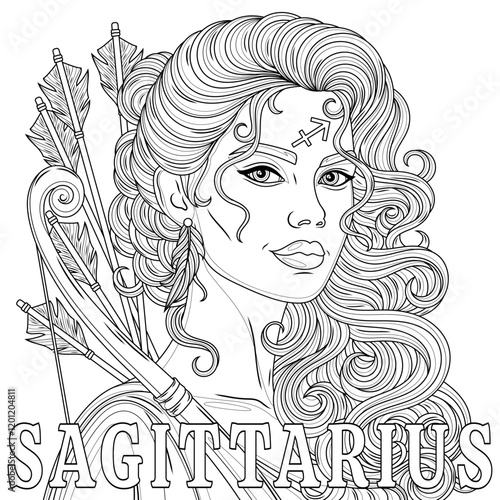 Sagittarius Woman.Astrological Zodiac Sign.Coloring book antistress for children and adults. 
