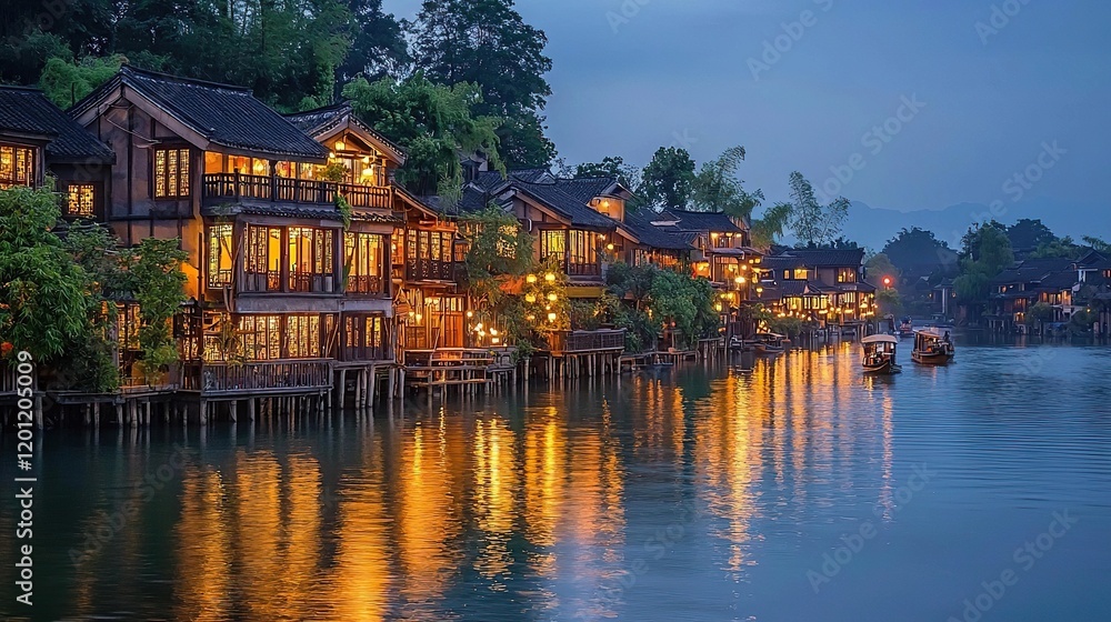 Naklejka premium fenghuang ancient town at dusk china landscape