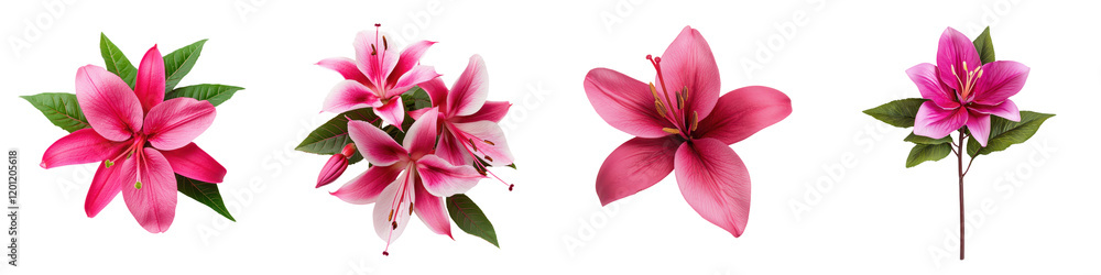 Fototapeta premium Stunning and Vibrant Tropical Floral Bouquet Featuring a Captivating Arrangement of Pink Red and Purple Blossoms Set Against a Clean White Background The Lush
