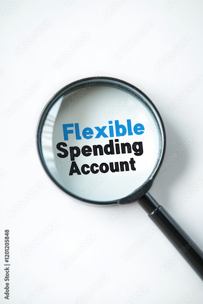 Magnifying glass highlighting the words 'Flexible Spending Account' in blue and black text on a white background. Magnifying glass highlighting the words 'Flexible Spending Account' in blue and black text on a white background.