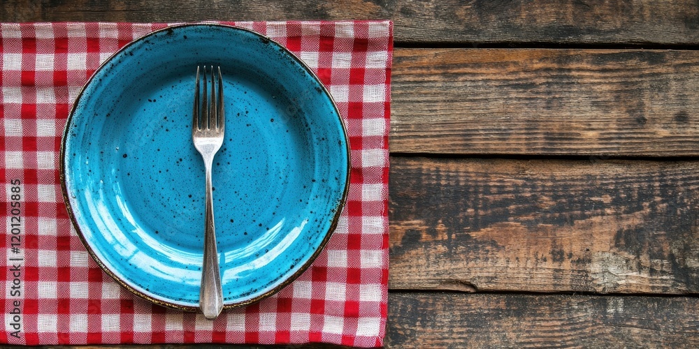 Blue ceramic plate with a fork on a red checkered cloth above a vintage wooden table, creating a rustic dining atmosphere. Blue ceramic plate with a fork on a red checkered cloth above a vintage wooden table, creating a rustic dining atmosphere.