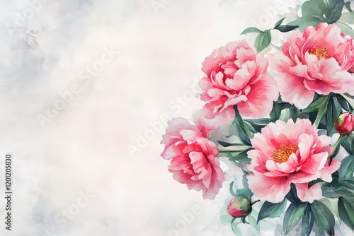 Fototapeta Naklejka Na Ścianę i Meble -  A minimalist design featuring a cluster of watercolor pink peonies framed by delicate white brushstrokes.