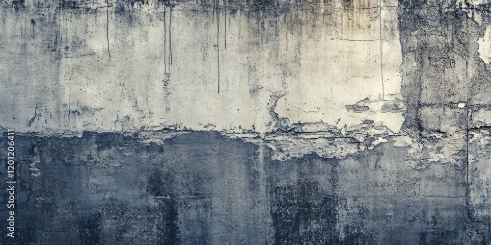 Obraz premium Weathered concrete wall showcasing peeling textures and unique patterns with shades of gray and white, ideal for backdrop in artistic designs.