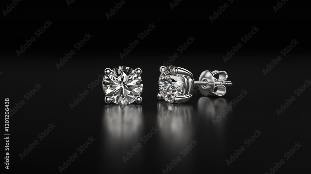 Diamond earrings with secure screw-back posts, artistically lit and placed on a glossy black surface to highlight their brilliance. Diamond earrings with secure screw-back posts, artistically lit and placed on a glossy black surface to highlight their brilliance.