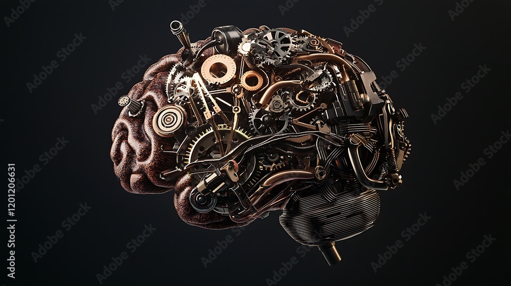 Thinking. A brain with gears is shown in a silver color Thinking. A brain with gears is shown in a silver color