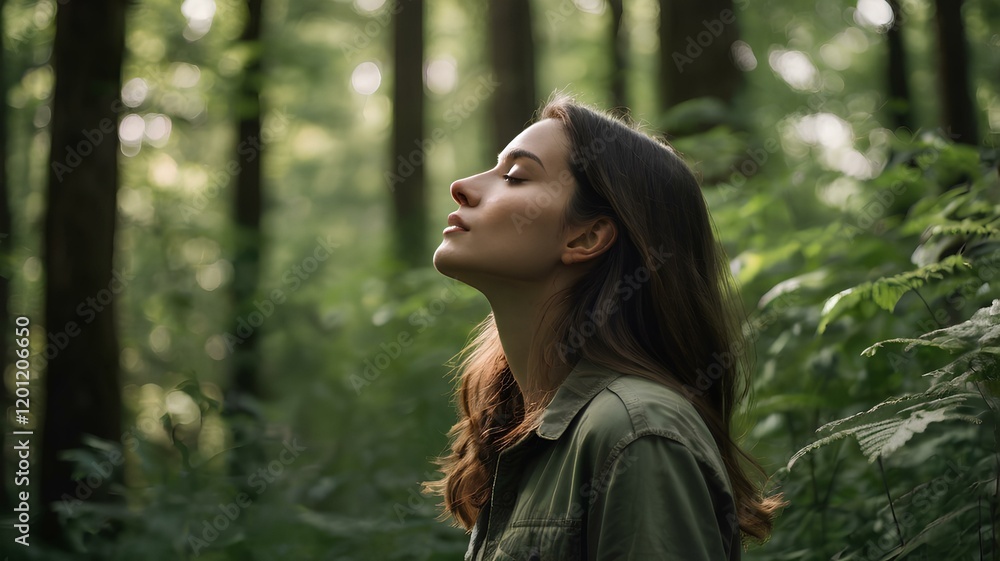 Profile of a relaxed woman breathing fresh air in a green forest Profile of a relaxed woman breathing fresh air in a green forest