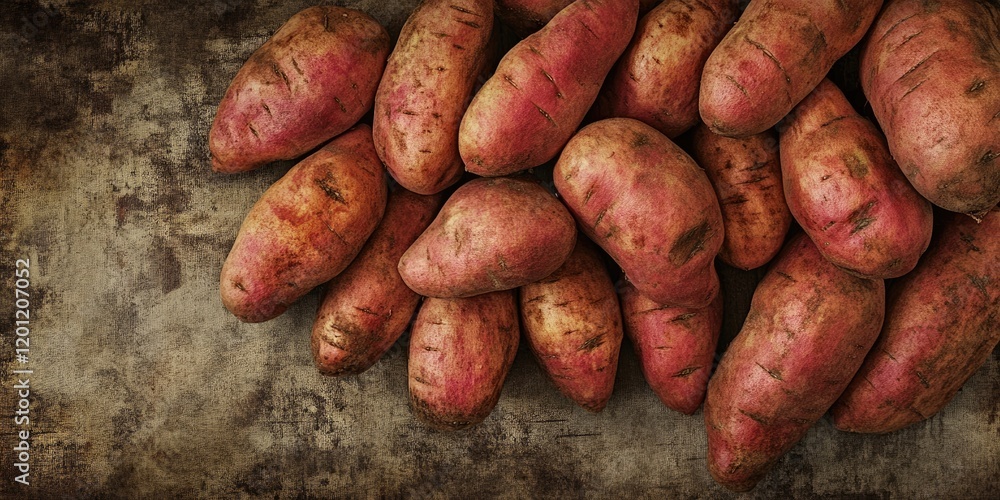 Rustic background featuring a pile of sweet potatoes in various shades of orange and brown, arranged diagonally for a market sale theme. Rustic background featuring a pile of sweet potatoes in various shades of orange and brown, arranged diagonally for a market sale theme.