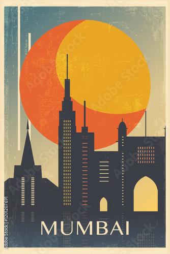 Mumbai retro city poster with abstract shapes of skyline, buildings. India vintage travel vector illustration, cityscape at sunrise, sunset
