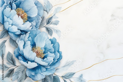 Fototapeta Naklejka Na Ścianę i Meble -  A minimalist floral frame showcasing a single golden line border with watercolor blue peonies as accents.