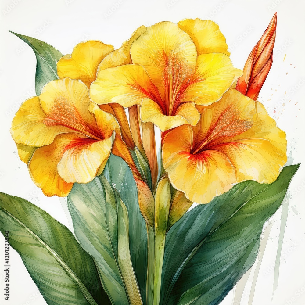Fototapeta premium Vibrant Yellow Canna Lilies Botanical Watercolor Painting Detailed Floral Illustration