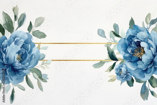 Fototapeta Naklejka Na Ścianę i Meble -  A minimalist floral frame showcasing a single golden line border with watercolor blue peonies as accents.