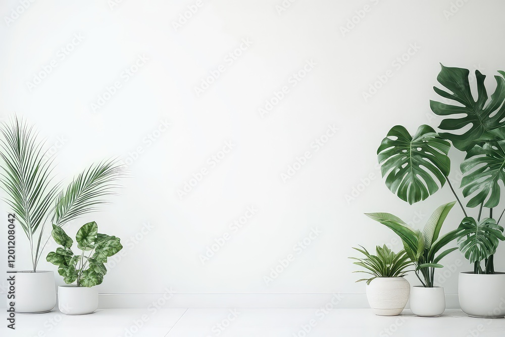 Obraz premium A minimalist botanical wallpaper featuring hand-sketched monstera and palm leaves on a clean white backdrop.