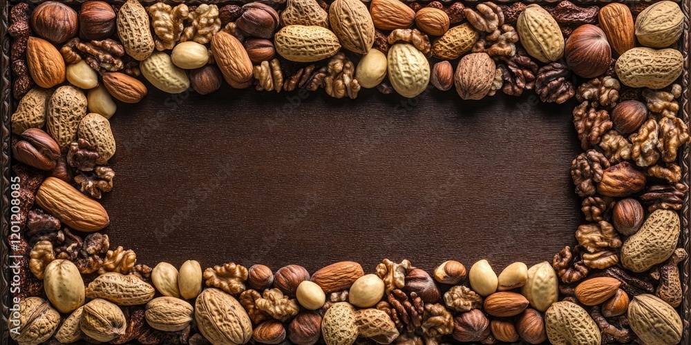 Border frame made of assorted nuts including almonds walnuts and peanuts on a dark wooden background with a rustic texture and rich colors Border frame made of assorted nuts including almonds walnuts and peanuts on a dark wooden background with a rustic texture and rich colors