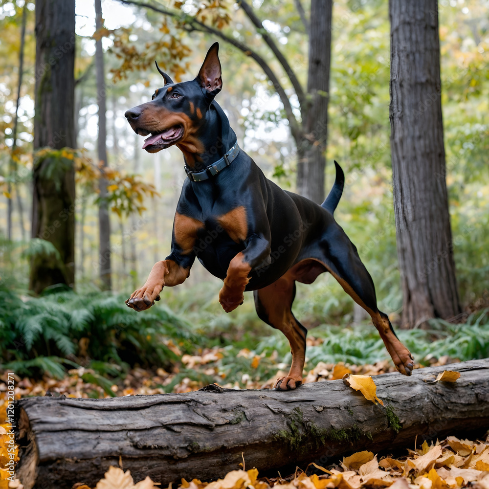 Doberman puppy jumping with joy on a log in an autumn forest
Doberman puppy jumping with joy on a log in an autumn forest