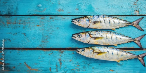 Three fresh mackerels arranged horizontally on a rustic blue wooden table with natural grain textures, showcasing Mediterranean style and vibrant colors. photo