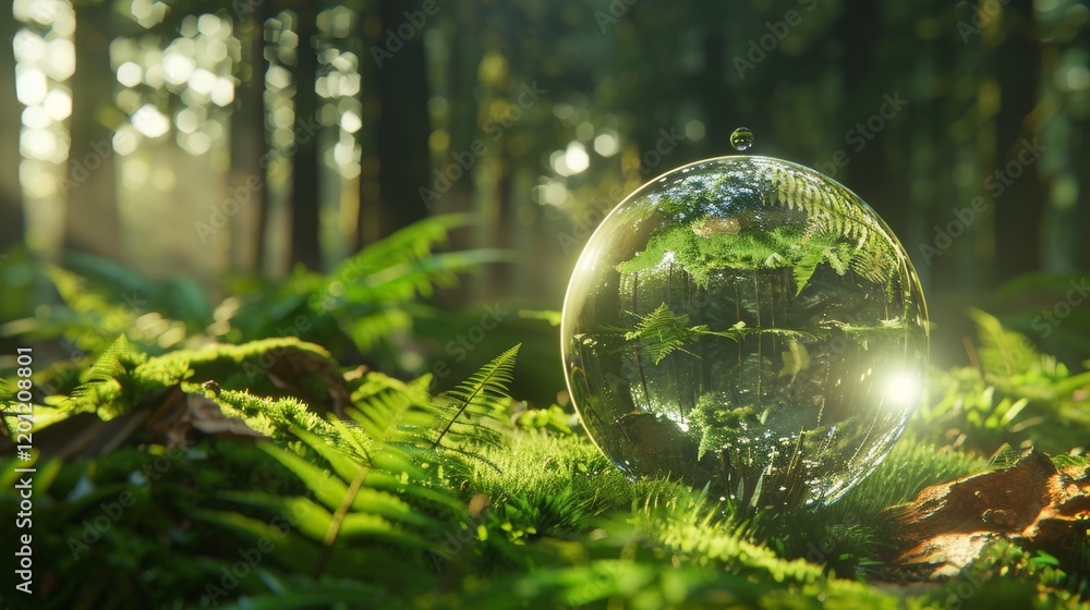 Environment Concept, ball is surrounded by green grass and trees, creating a peaceful and serene atmosphere. The sunlight is shining on the ball Environment Concept, ball is surrounded by green grass and trees, creating a peaceful and serene atmosphere. The sunlight is shining on the ball