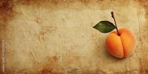 Vintage textured paper background with a small ripe apricot positioned on the right side accompanied by a green leaf, warm earthy tones predominating photo