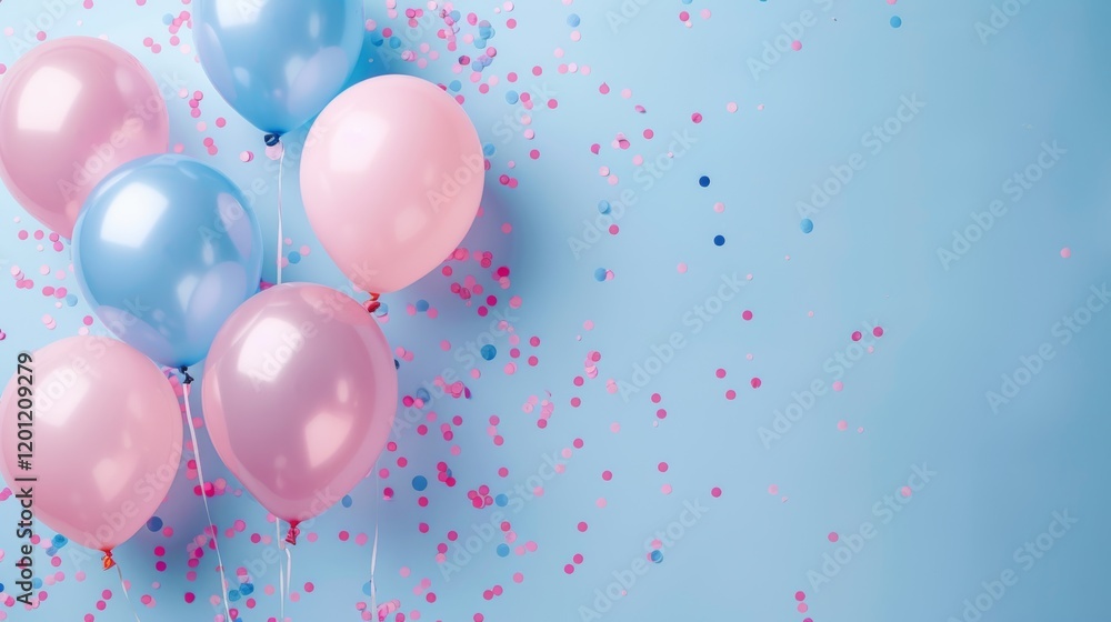 Celebrate, balloons and confetti background with copy space for festive gender reveal party, decor, balloon, birthday, fun, holiday, surprise, festive, happy Celebrate, balloons and confetti background with copy space for festive gender reveal party, decor, balloon, birthday, fun, holiday, surprise, festive, happy