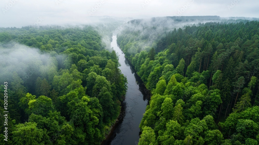 Aerial view of a misty river flowing through lush green forests. Aerial view of a misty river flowing through lush green forests.