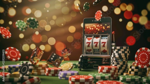 casino, gamble, poker, money, luck, chance, Podium with smartphone, casino slot machine, Casino Roulette , cards and poker chips in dark gold scene