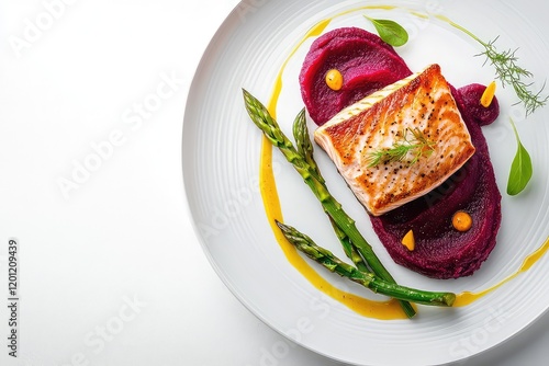 A minimalist presentation of grilled salmon with vibrant asparagus and a swirl of colorful beetroot puree on a clean white background. photo