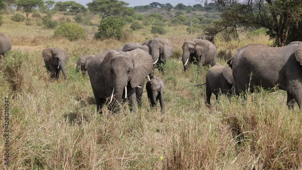 African savannah with a family of Elephants grazing on the nature, lots of vegetation and grass, african flora and fauna African savannah with a family of Elephants grazing on the nature, lots of vegetation and grass, african flora and fauna