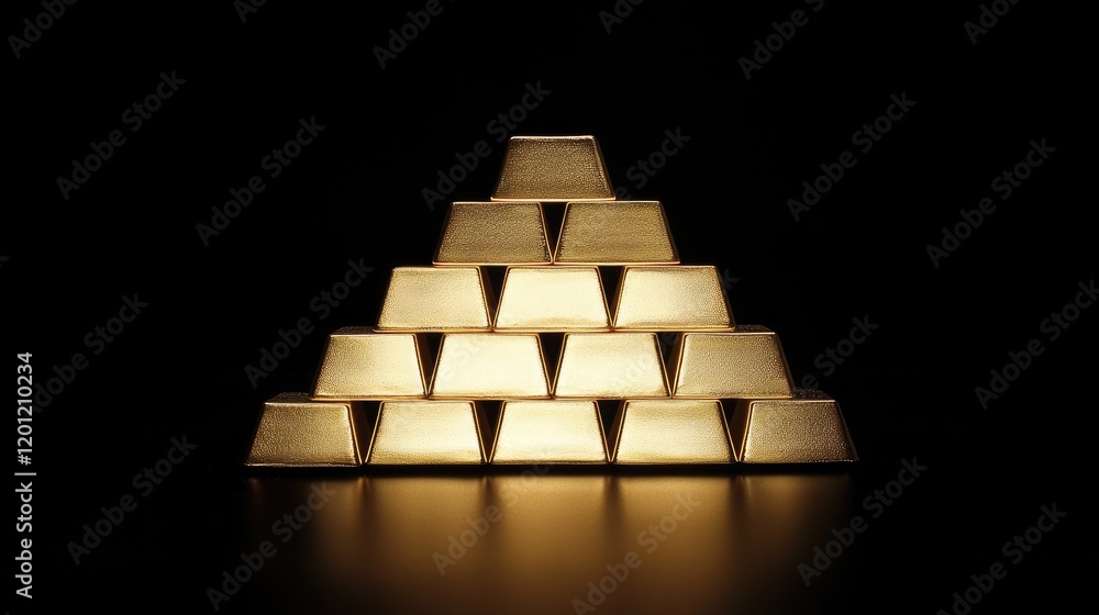 Shiny gold bars stacked neatly in a pyramid shape, with a glossy black background and soft golden highlights Shiny gold bars stacked neatly in a pyramid shape, with a glossy black background and soft golden highlights