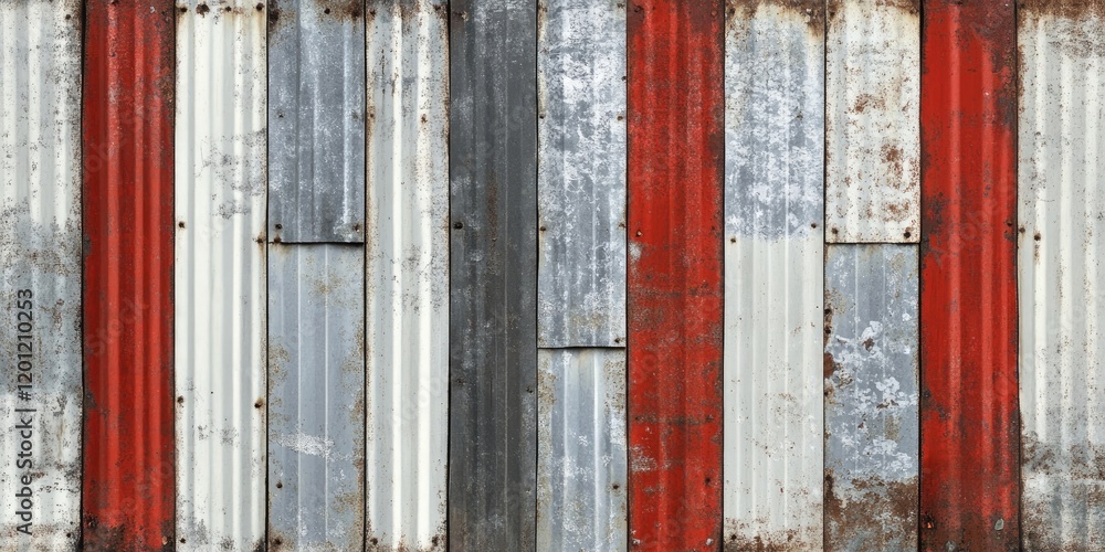 Grunge textured background showcasing vertical corrugated iron metal plates in silver, red, and gray with rust accents and uneven patterns. Grunge textured background showcasing vertical corrugated iron metal plates in silver, red, and gray with rust accents and uneven patterns.