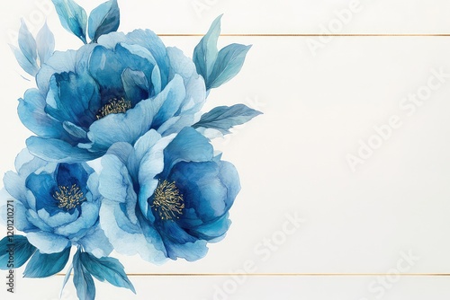 Fototapeta Naklejka Na Ścianę i Meble -  A minimalist floral frame showcasing a single golden line border with watercolor blue peonies as accents.