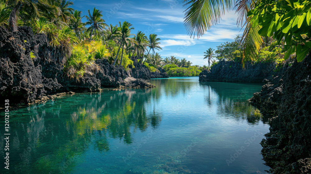 Serene Tropical Lagoon with Calm Waters and Lush Palm Trees Under Clear Blue Sky Serene Tropical Lagoon with Calm Waters and Lush Palm Trees Under Clear Blue Sky