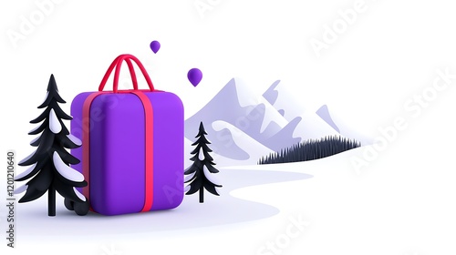 Purple Gift Box in Snowy Mountain Winter Landscape