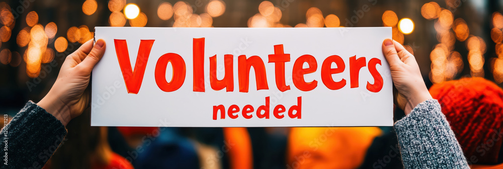 Volunteers Needed banner. Hands Holding Volunteers Needed Sign