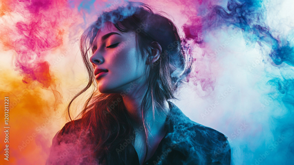 Fototapeta premium Portrait of a young woman surrounded by colorful smoke in an artistic setting