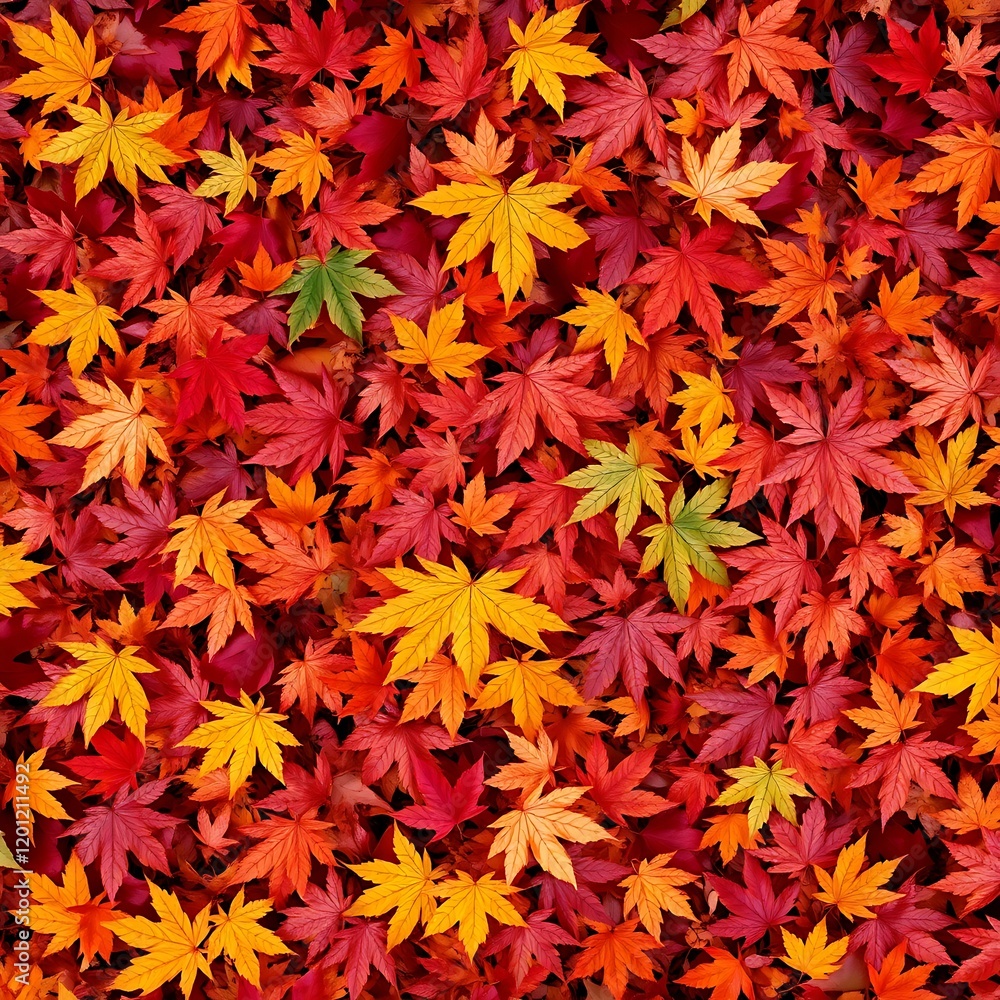 Vibrant autumn leaves, Japanese maple, red and yellow foliage, overhead view, dense leaf carpet, nature pattern, fall colors, high contrast, macro photography, detailed textures, seasonal beauty Vibrant autumn leaves, Japanese maple, red and yellow foliage, overhead view, dense leaf carpet, nature pattern, fall colors, high contrast, macro photography, detailed textures, seasonal beauty