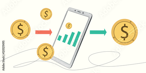 Contemporary Halftone Collage smartphone for investments concept, marketing, trading. Online Stock banner with finance elements, coins, money. Vertical invest or business poster. Vector illustration.