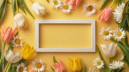 A blank white picture frame with wood-grain inlays in the middle surrounded by tulips and daisies