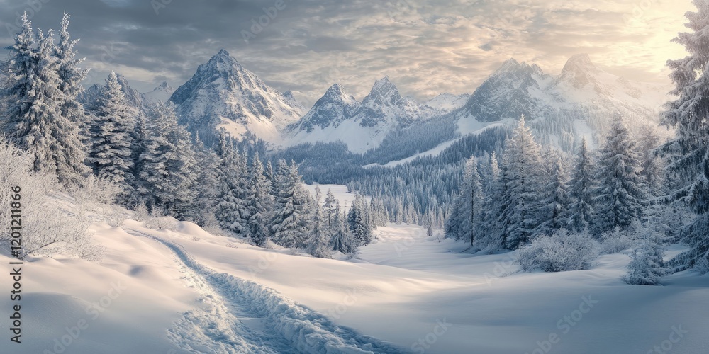 Serene winter landscape featuring snow-covered mountains and frosty trees with a winding path in the foreground under a soft, cloudy sky Serene winter landscape featuring snow-covered mountains and frosty trees with a winding path in the foreground under a soft, cloudy sky