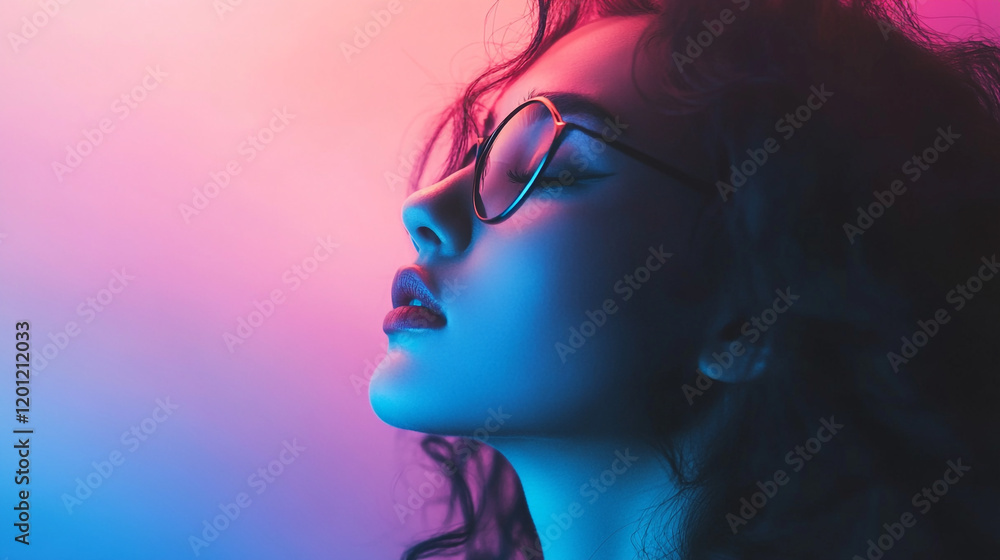 Fototapeta premium Woman with curly hair and glasses poses against a vibrant pink and blue background