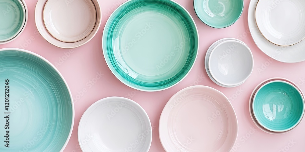 Variety of empty ceramic tableware including colorful plates and bowls in mint green and soft pink arranged on a pink backdrop. Variety of empty ceramic tableware including colorful plates and bowls in mint green and soft pink arranged on a pink backdrop.