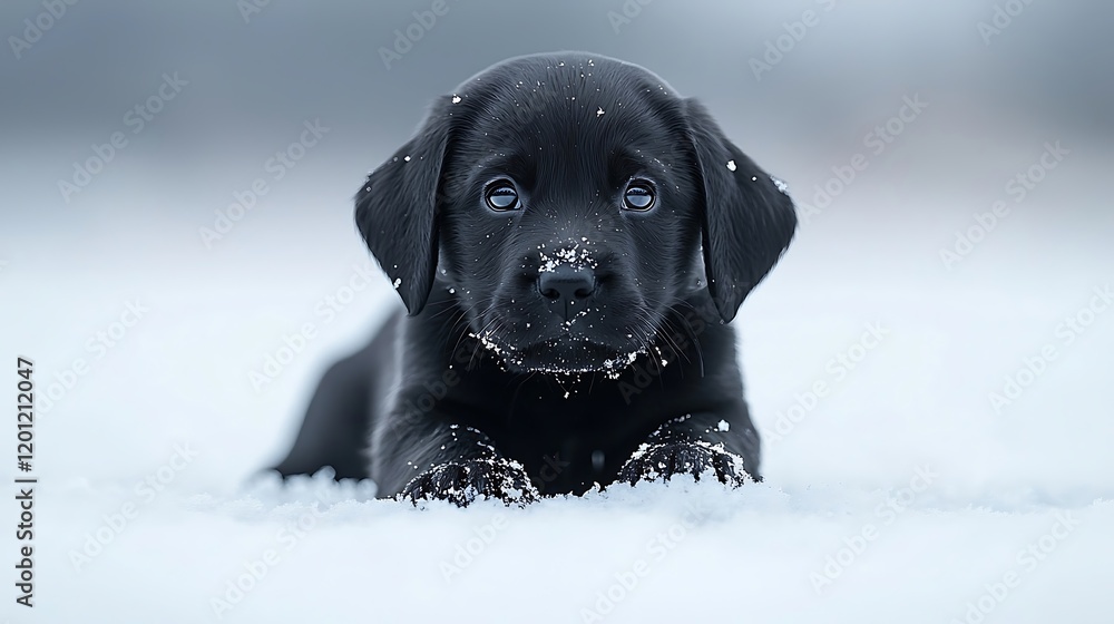 Adorable Black Labrador Puppy in Winter Snow Adorable Black Labrador Puppy in Winter Snow