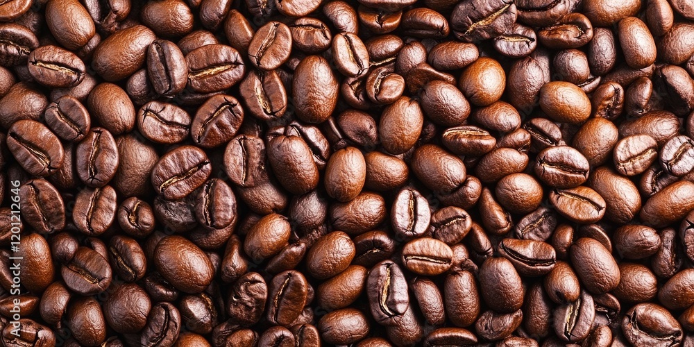 Fototapeta premium Rich brown coffee beans densely packed with varying shades creating a textured surface, ideal for coffee-related themes and products.
