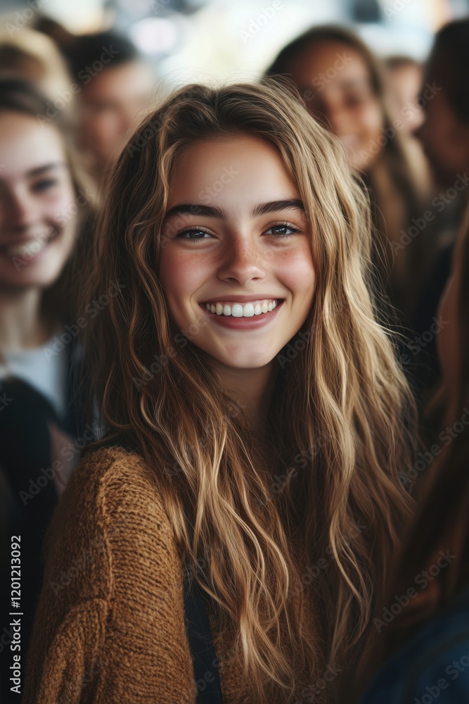 Smiling young woman with wavy hair in a crowd of friends, showcasing joy and connection, warm sweater, natural beauty, vibrant atmosphere Smiling young woman with wavy hair in a crowd of friends, showcasing joy and connection, warm sweater, natural beauty, vibrant atmosphere